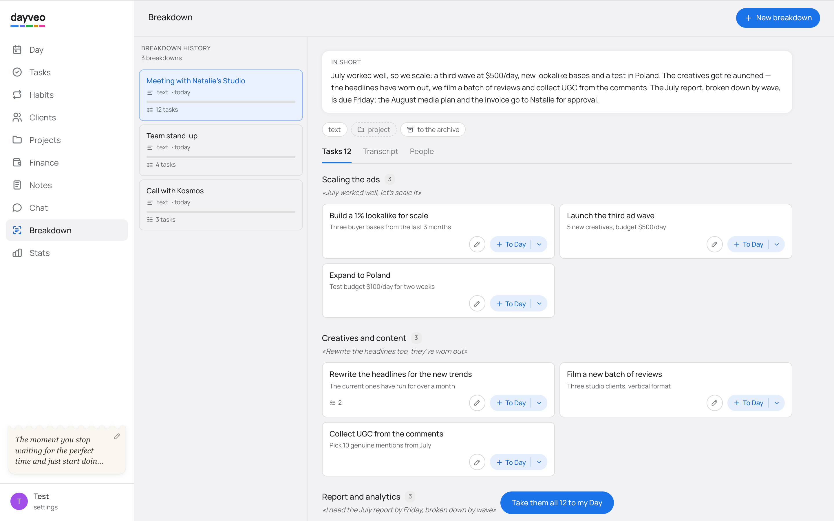 The Breakdown screen: AI turned a meeting into tasks by importance