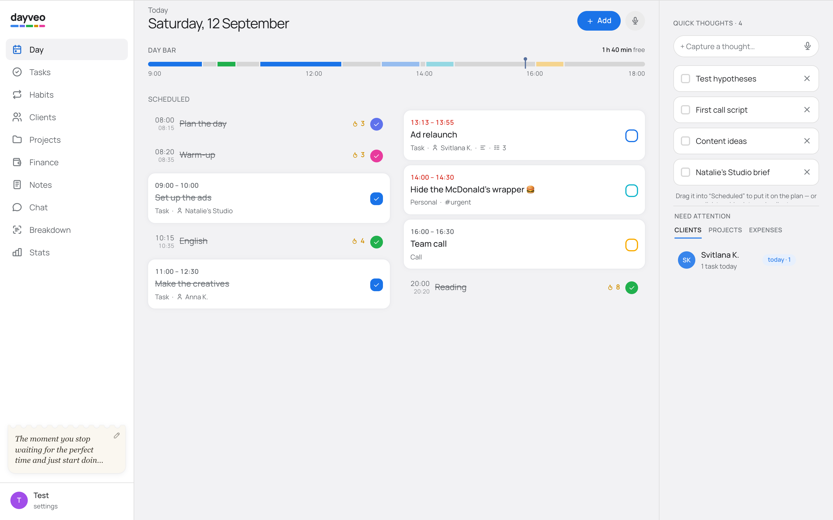 The Dayveo app — the Today screen